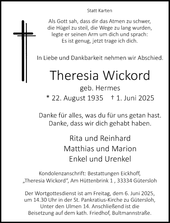Traueranzeige von Theresia Wickord von Neue Westfälische und Westfalen-Blatt