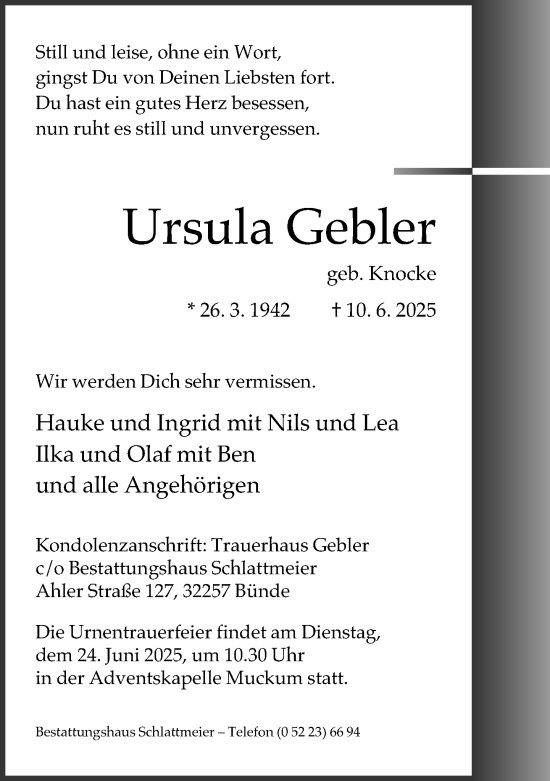 Traueranzeige von Ursula Gebler von Neue Westfälische und Westfalen-Blatt