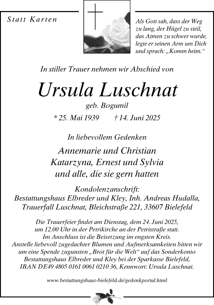  Traueranzeige für Ursula Luschnat vom 21.06.2025 aus Neue Westfälische und Westfalen-Blatt