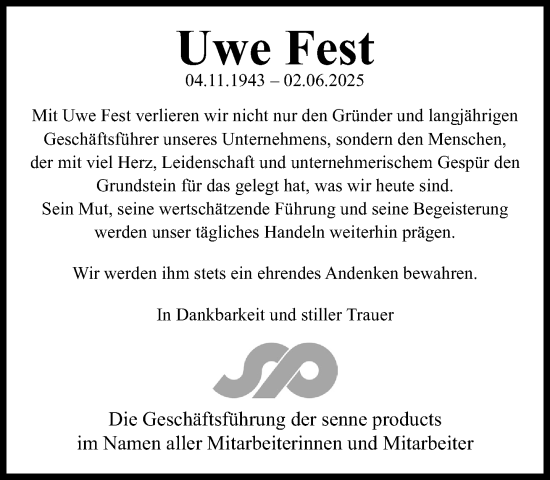 Traueranzeige von Uwe Fest von Neue Westfälische und Westfalen-Blatt