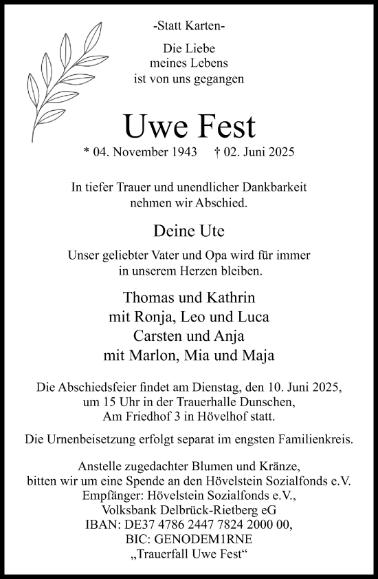 Traueranzeige von Uwe Fest von Neue Westfälische und Westfalen-Blatt