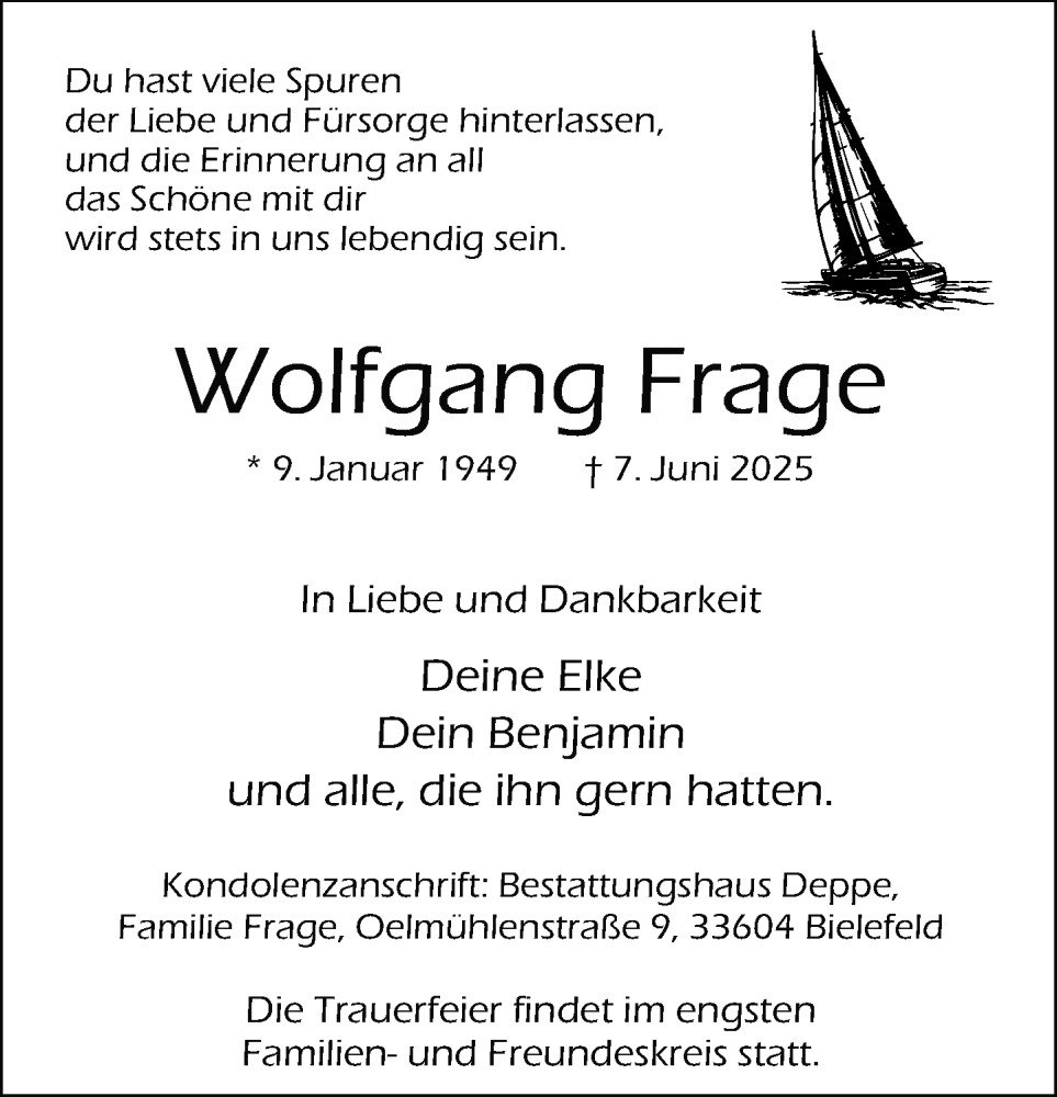  Traueranzeige für Wolfgang Frage vom 14.06.2025 aus Neue Westfälische und Westfalen-Blatt