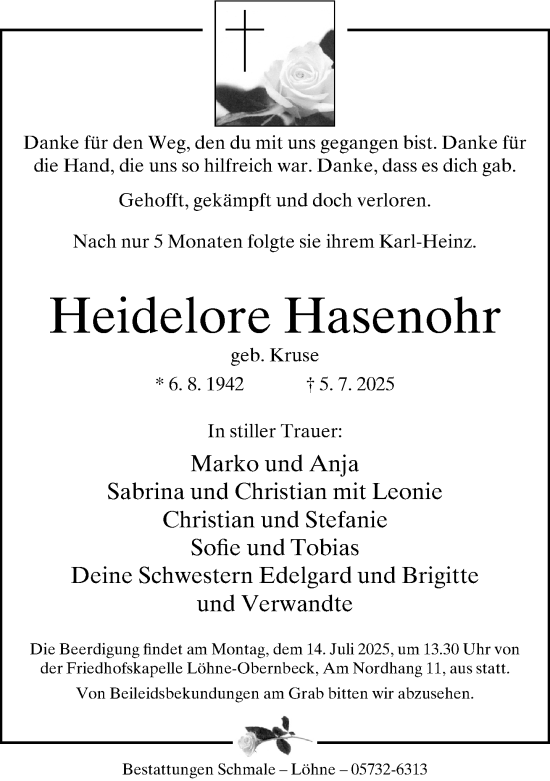 Traueranzeige von Heidelore Hasenohr 