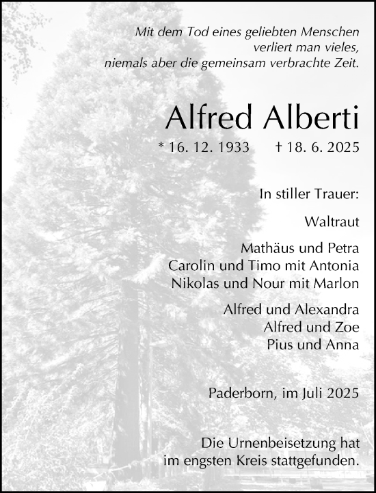 Traueranzeige von Alfred Alberti von Neue Westfälische und Westfalen-Blatt