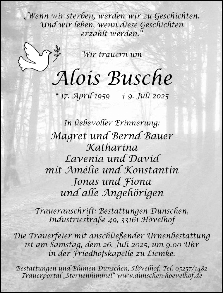  Traueranzeige für Alois Busche vom 12.07.2025 aus Neue Westfälische und Westfalen-Blatt