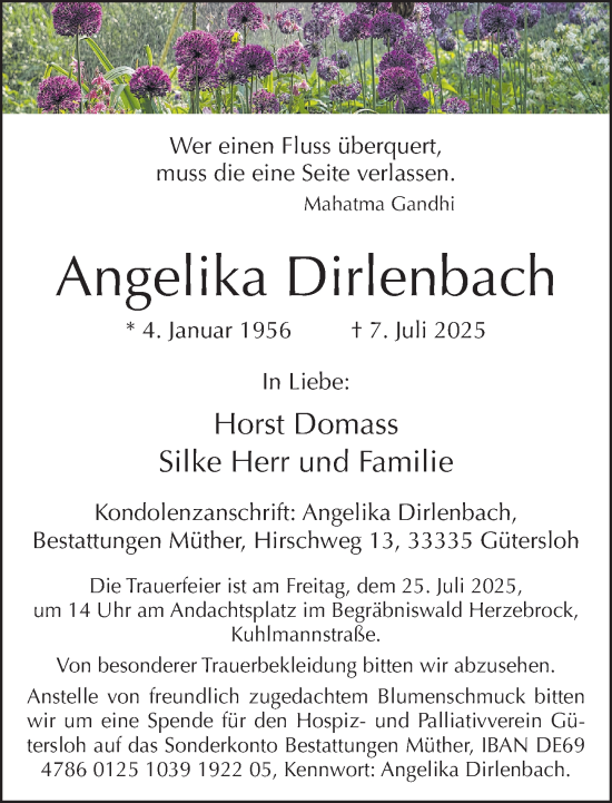 Traueranzeige von Angelika Dirlenbach von Neue Westfälische und Westfalen-Blatt