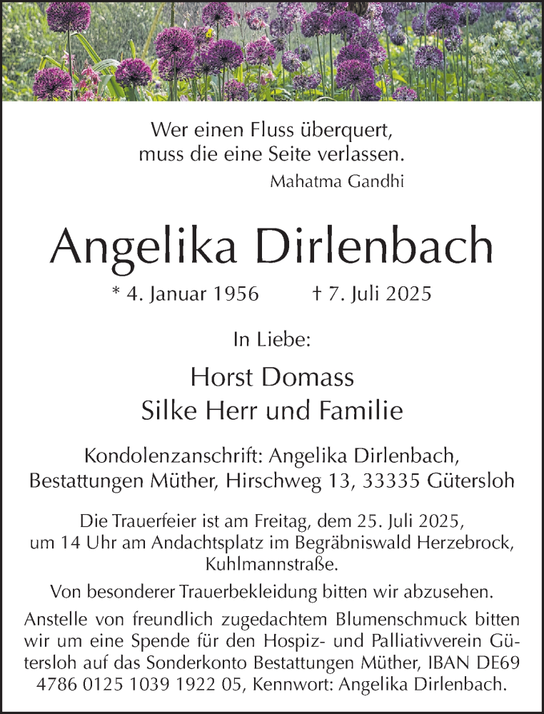  Traueranzeige für Angelika Dirlenbach vom 12.07.2025 aus Neue Westfälische und Westfalen-Blatt
