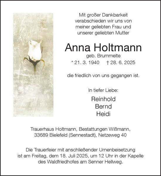 Traueranzeige von Anna Holtmann von Neue Westfälische und Westfalen-Blatt