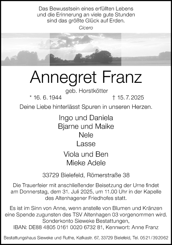Traueranzeige von Annegret Franz von Neue Westfälische und Westfalen-Blatt