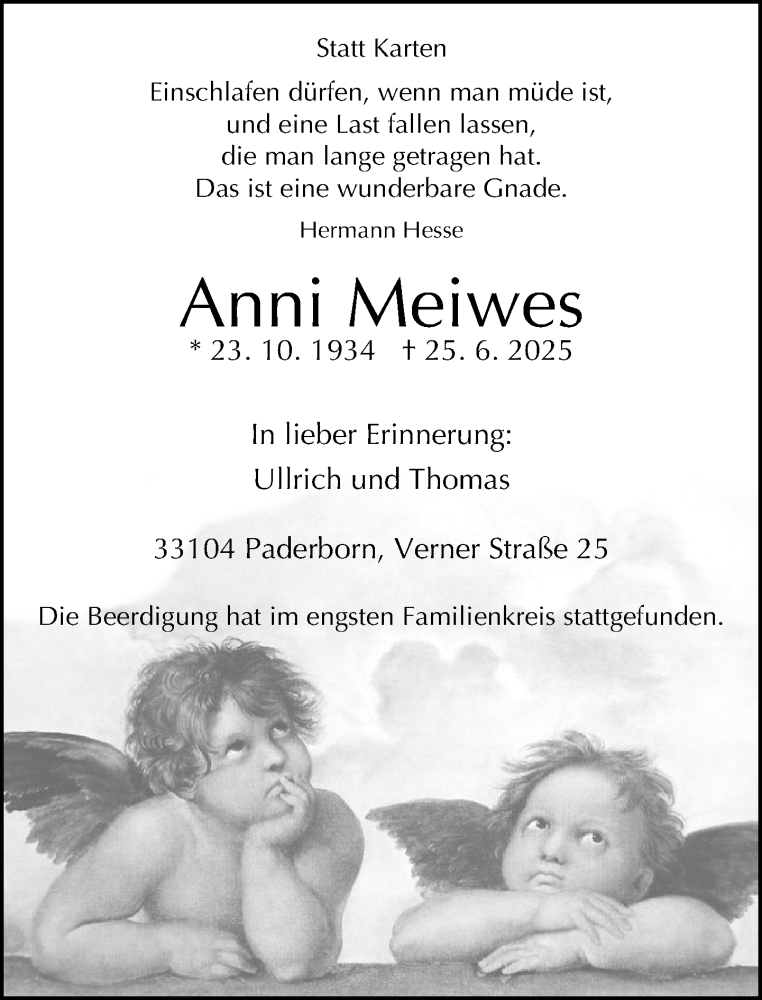  Traueranzeige für Anni Meiwes vom 05.07.2025 aus Neue Westfälische und Westfalen-Blatt