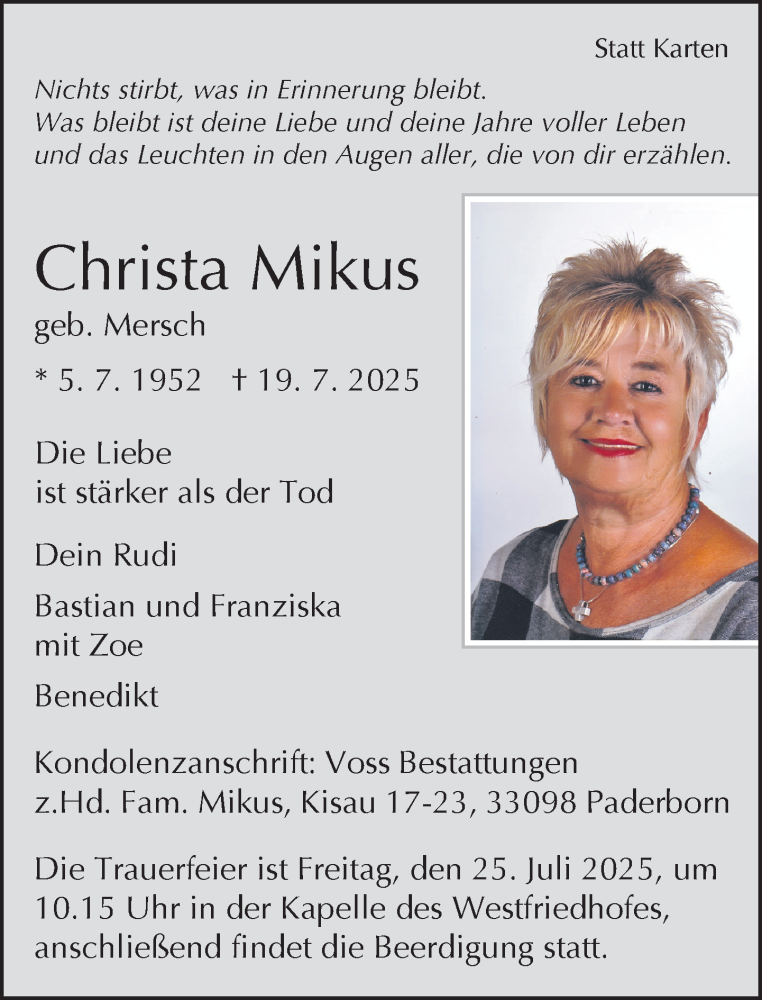  Traueranzeige für Christa Mikus vom 22.07.2025 aus Neue Westfälische und Westfalen-Blatt