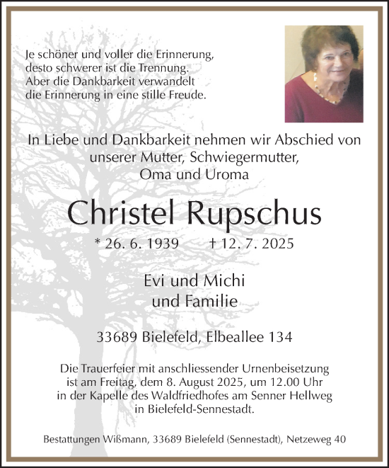 Traueranzeige von Christel Rupschus von Neue Westfälische und Westfalen-Blatt