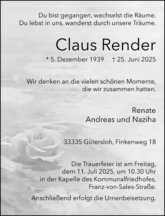 Traueranzeige von Claus Render von Neue Westfälische und Westfalen-Blatt