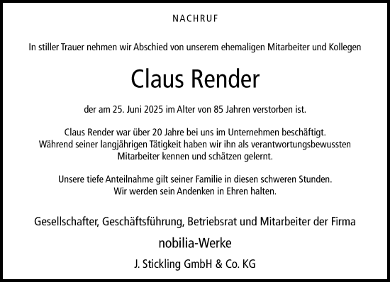 Traueranzeige von Claus Render von Neue Westfälische und Westfalen-Blatt