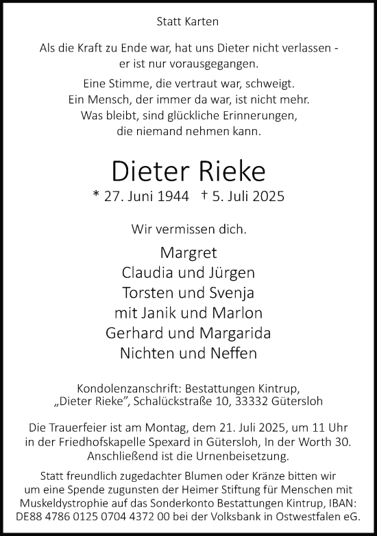 Traueranzeige von Dieter Rieke von Neue Westfälische und Westfalen-Blatt