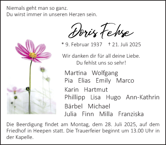Traueranzeige von Doris Fehse von Neue Westfälische und Westfalen-Blatt