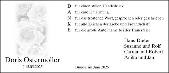Traueranzeige von Doris Ostermöller von Neue Westfälische und Westfalen-Blatt