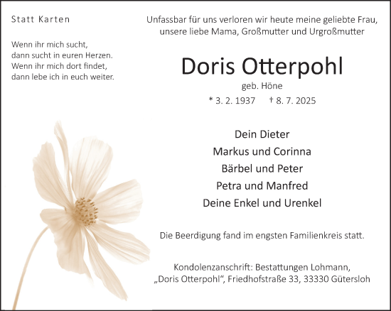 Traueranzeige von Doris Otterpohl von Neue Westfälische und Westfalen-Blatt