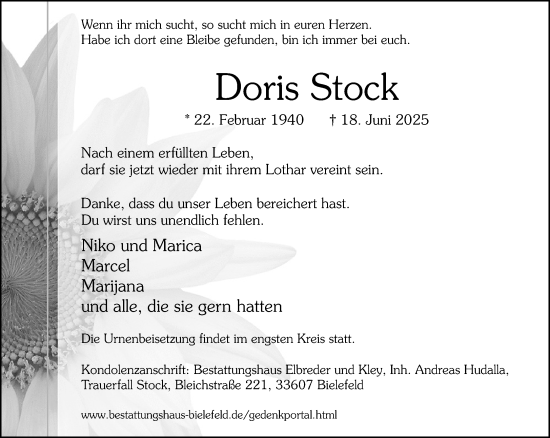 Traueranzeige von Doris Stock von Neue Westfälische und Westfalen-Blatt