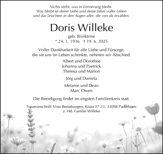 Traueranzeige von Doris Willeke von Neue Westfälische und Westfalen-Blatt