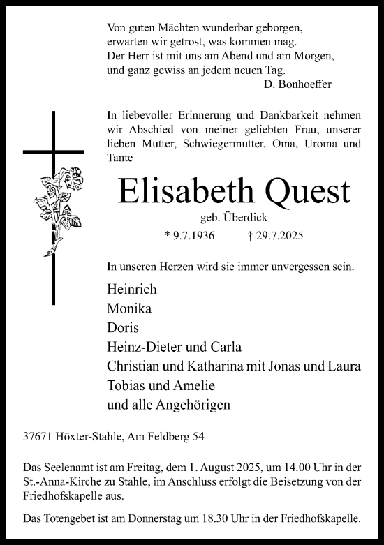 Traueranzeige von Elisabeth Quest von Neue Westfälische und Westfalen-Blatt
