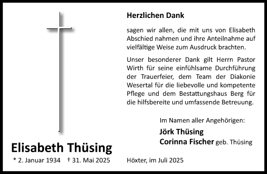 Traueranzeige von Elisabeth Thüsing von Neue Westfälische und Westfalen-Blatt