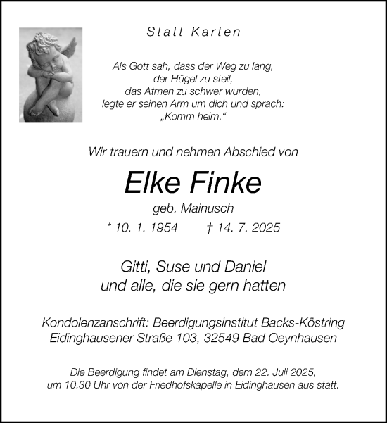 Traueranzeige von Elke Finke von Neue Westfälische und Westfalen-Blatt