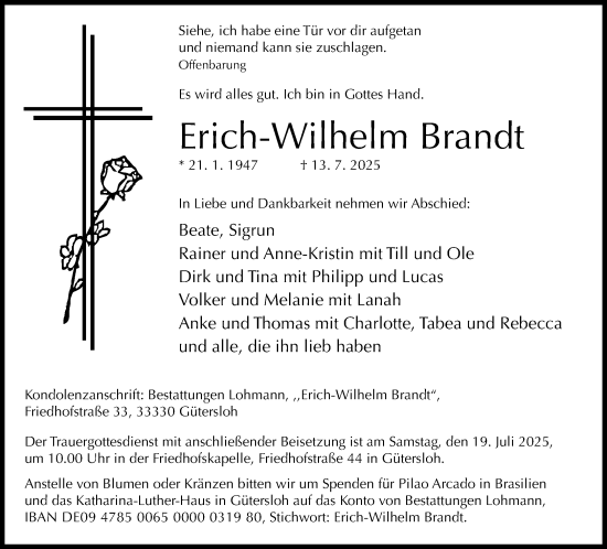 Traueranzeige von Erich-Wilhelm Brandt von Neue Westfälische und Westfalen-Blatt