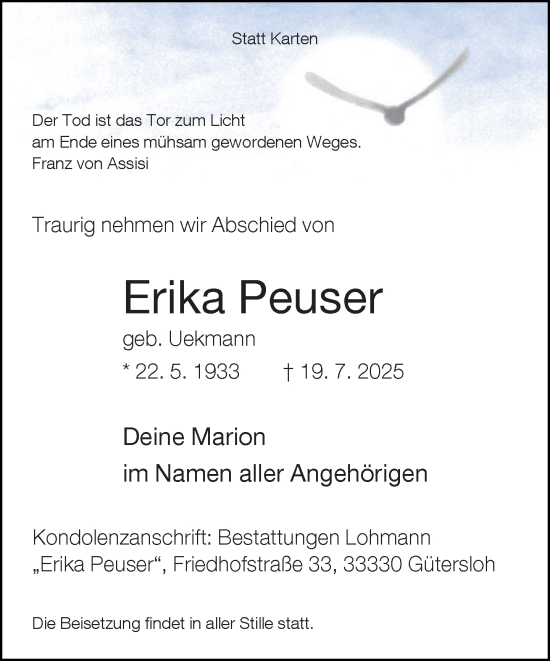 Traueranzeige von Erika Peuser von Neue Westfälische und Westfalen-Blatt