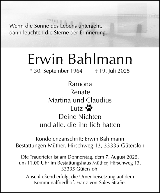 Traueranzeige von Erwin Bahlmann von Neue Westfälische und Westfalen-Blatt