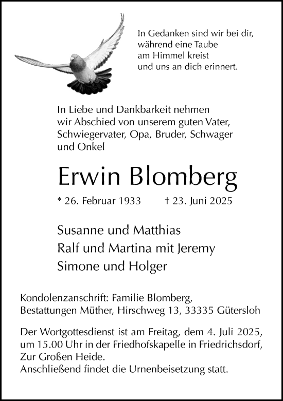 Traueranzeige von Erwin Blomberg von Neue Westfälische und Westfalen-Blatt