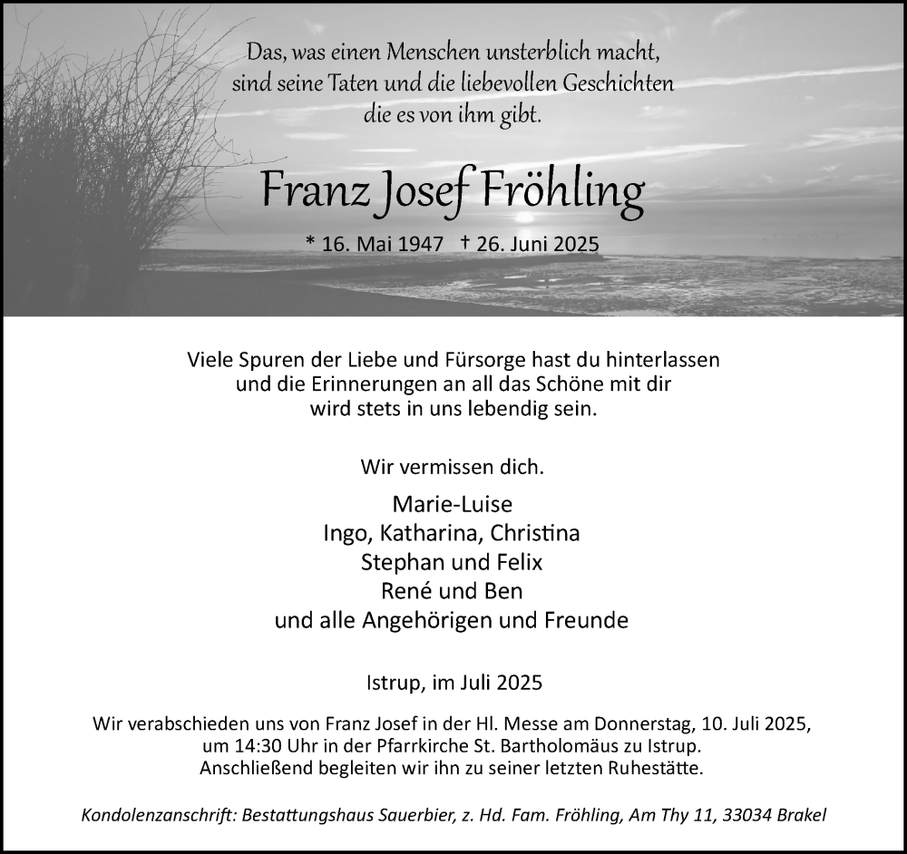 Traueranzeige für Franz Josef Fröhling vom 05.07.2025 aus Neue Westfälische und Westfalen-Blatt