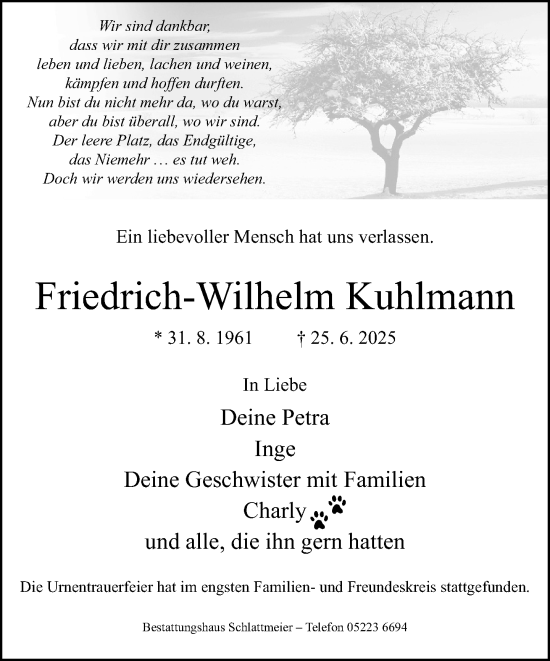 Traueranzeige von Friedrich-Wilhelm Kuhlmann von Neue Westfälische und Westfalen-Blatt