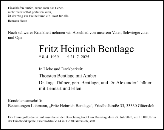Traueranzeige von Fritz Heinrich Bentlage von Neue Westfälische und Westfalen-Blatt