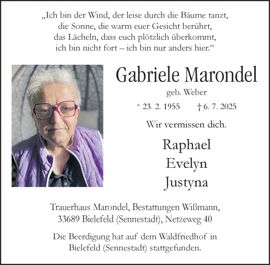 Traueranzeige von Gabriele Marondel von Neue Westfälische und Westfalen-Blatt