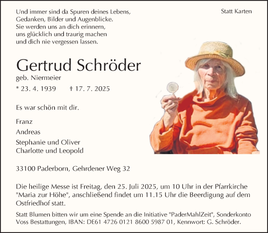 Traueranzeige von Gertrud Schröder von Neue Westfälische und Westfalen-Blatt