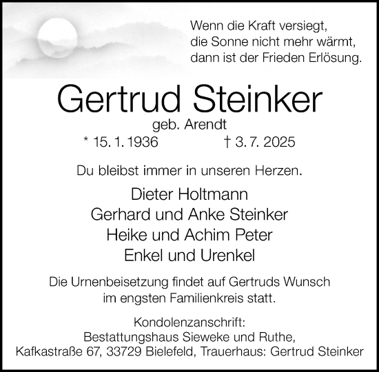 Traueranzeige von Gertrud Steinker von Neue Westfälische und Westfalen-Blatt