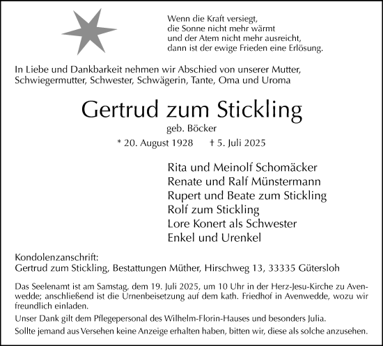 Traueranzeige von Gertrud zum Stickling von Neue Westfälische und Westfalen-Blatt