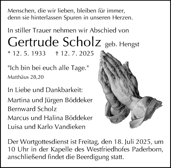 Traueranzeige von Gertrude Scholz von Neue Westfälische und Westfalen-Blatt