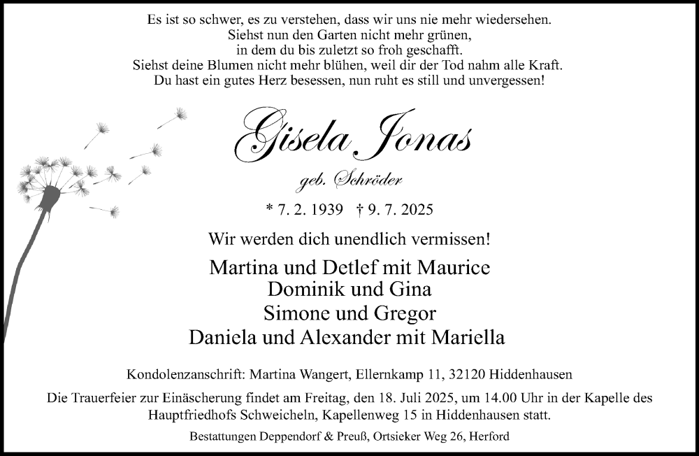 Traueranzeige für Gisela Jonas vom 12.07.2025 aus Neue Westfälische und Westfalen-Blatt