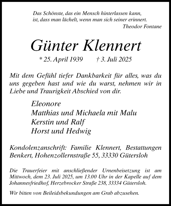 Traueranzeige von Günter Klennert von Neue Westfälische und Westfalen-Blatt