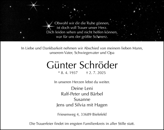 Traueranzeige von Günter Schröder von Neue Westfälische und Westfalen-Blatt