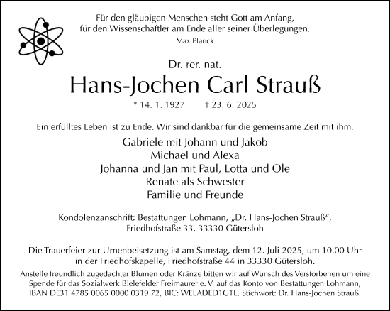 Traueranzeige von Hans-Jochen Carl Strauß von Neue Westfälische und Westfalen-Blatt