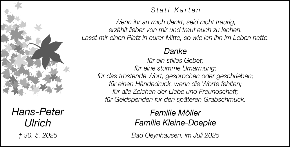  Traueranzeige für Hans-Peter Ulrich vom 05.07.2025 aus Neue Westfälische und Westfalen-Blatt