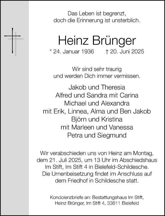 Traueranzeige von Heinz Brünger von Neue Westfälische und Westfalen-Blatt