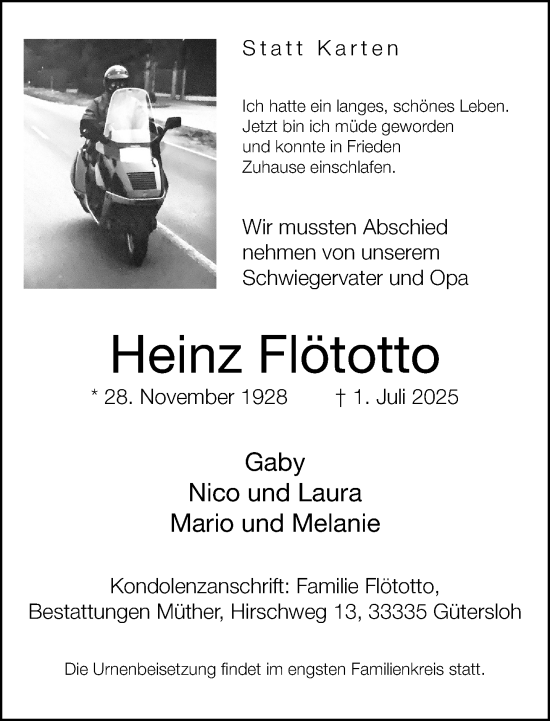 Traueranzeige von Heinz Flötotto von Neue Westfälische und Westfalen-Blatt
