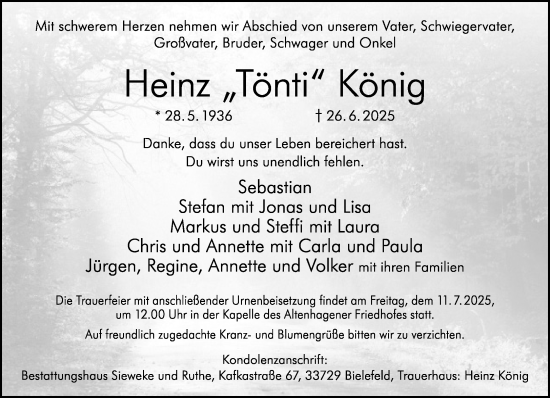 Traueranzeige von Heinz König von Neue Westfälische und Westfalen-Blatt