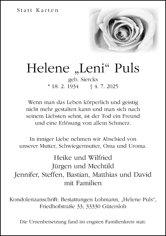 Traueranzeige von Helene Puls von Neue Westfälische und Westfalen-Blatt