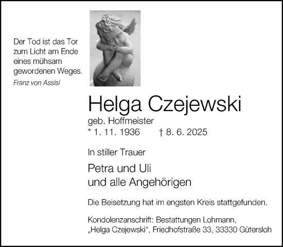 Traueranzeige von Helga Czejewski von Neue Westfälische und Westfalen-Blatt