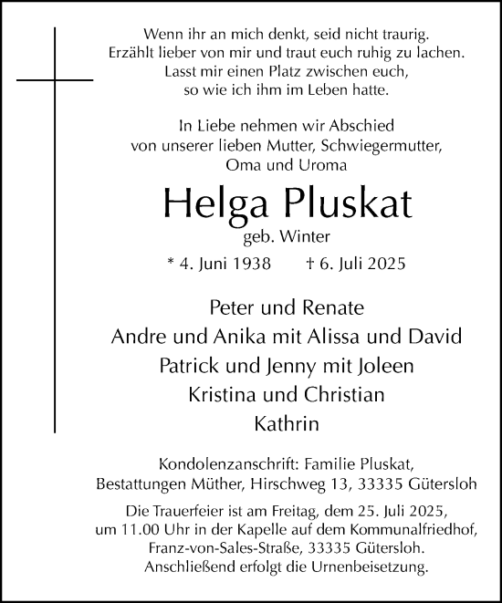Traueranzeige von Helga Pluskat von Neue Westfälische und Westfalen-Blatt